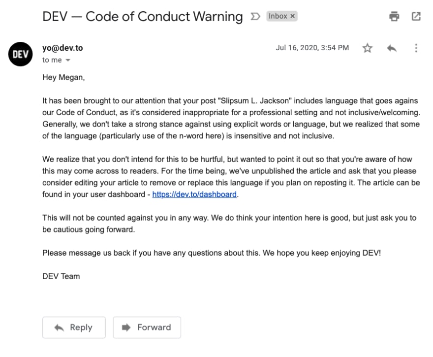 DEV Code of Conduct warning email